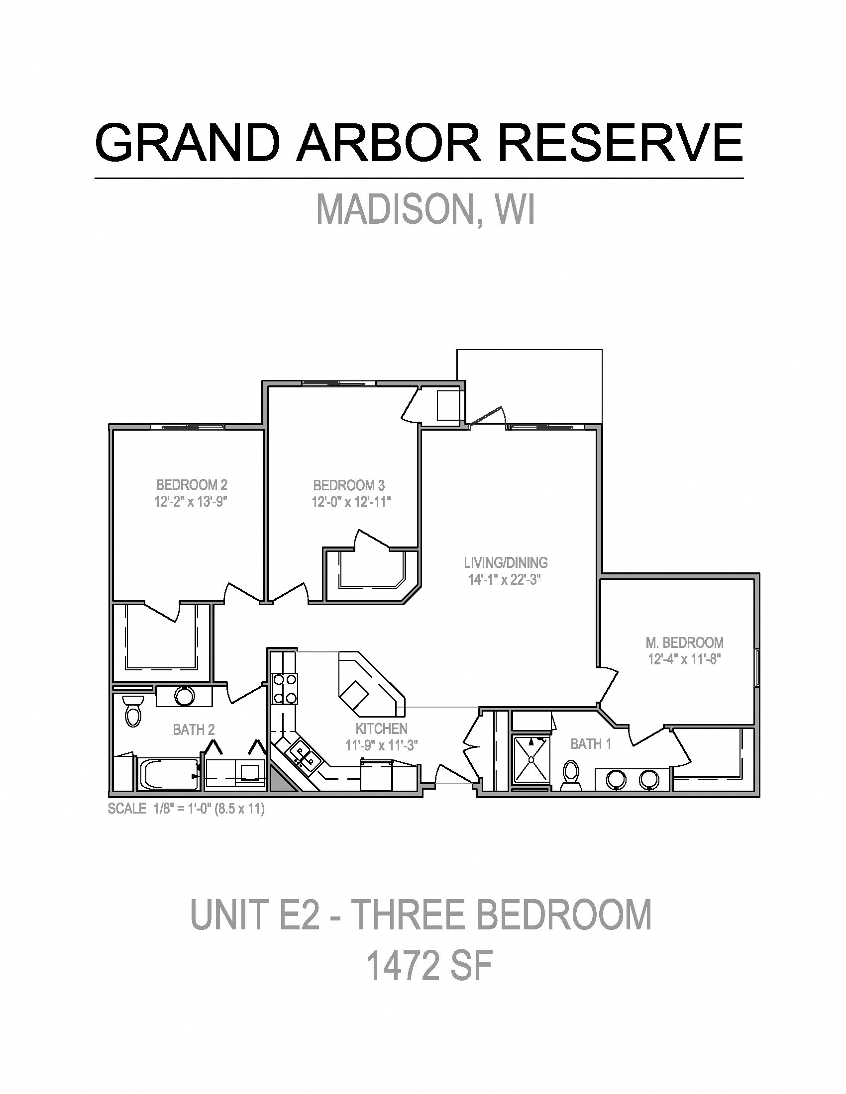 Floor plan for 3 beds, 2 baths, 1472 sqft